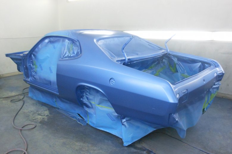 Here is the car with the base coat on before clearing. The color is Bright Blue Poly.